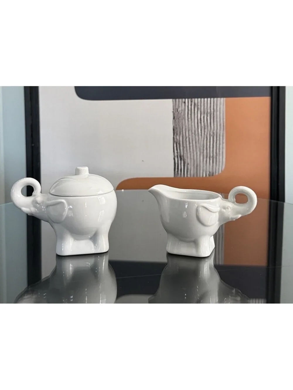 Pier 1 Elephant Creamer & Sugar Bowl Set with Lid Trunks Up White Elephant Gift